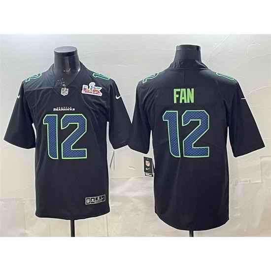 Men Seattle Seahawks 12 Fan Black 2025 Super Bowl LX Patch Carbon Fashion Vapor Untouchable Limited Stitched Football Jersey