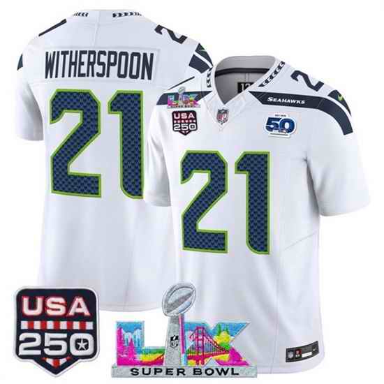 Men Seattle Seahawks 21 Devon Witherspoon White 2025 F U S E  Super Bowl LX Patch And 50th Season  USA 250 Patch Vapor Limited Football Stitched Jersey