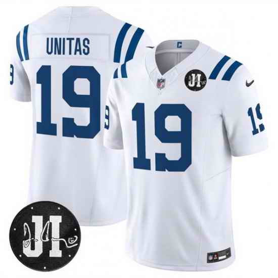 Men Indianapolis Colts 19 Johnny Unitas White 2025 F U S E  Jim Irsay Patch Vapor Limited Stitched Football Jersey
