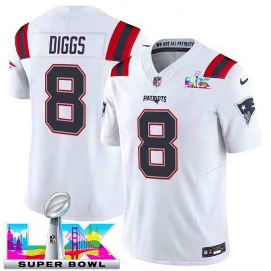 Men New England Patriots 8 Stefon Diggs White 2025 F U S E  Super Bowl LX Patch Vapor Limited Stitched Football Jersey