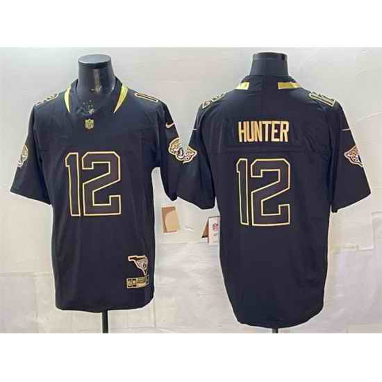 Men Jacksonville Jaguars 12 Travis Hunter Black Gold 2025 F U S E  With Patch Vapor Untouchable Limited Stitched Jersey