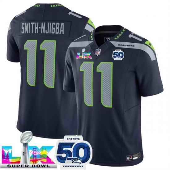 Men Seattle Seahawks 11 Jaxon Smith Njigba Navy 2025 F U S E  Super Bowl LX Patch And 50th Season Patch Vapor Limited Stitched Football Jersey