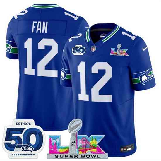 Youth Seattle Seahawks 12 Fan Royal 2025 F U S E  Super Bowl LX Patch And 50th Season Patch Vapor Throwback Limited Stitched Football Jersey
