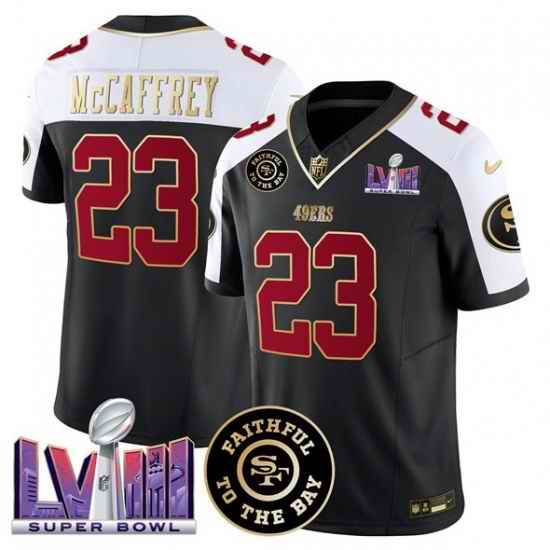 Men San Francisco 49ers 23 Christian Mccaffrey Black Alternate 2025 F U S E  Faithful  26 Super Bowl LVIII Patch Vapor Limited Stitched Football Jersey