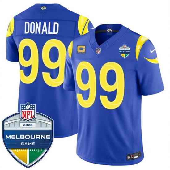 Men Los Angeles Rams 99 Aaron Donald Royal 2026 F U S E 4 Star C Patch And Melbourne Game Patch Vapor Limited Stitched Football Jersey