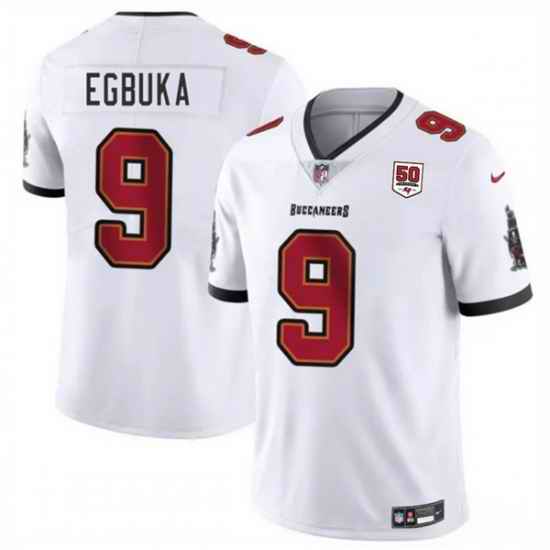 Men Tampa Bay Buccaneers 9 Emeka Egbuka White 2025 Draft 50th Anniversary Patch Vapor Untouchable Limited Stitched Football Jersey