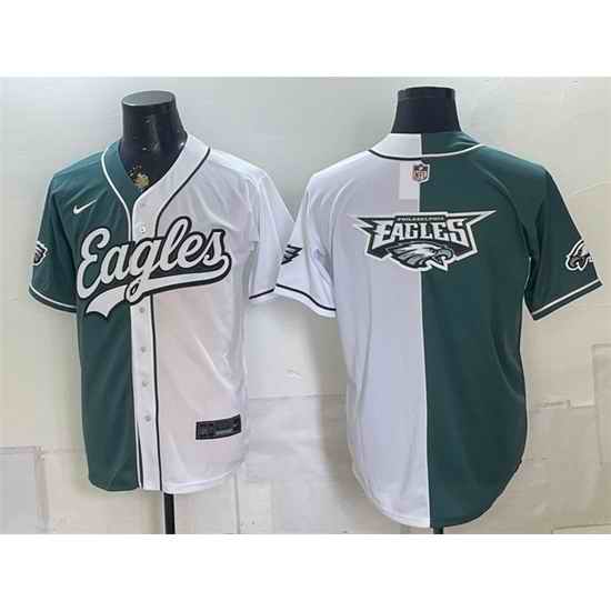 Men Philadelphia Eagles Team Big Logo Green White Split Stitched Jersey 001
