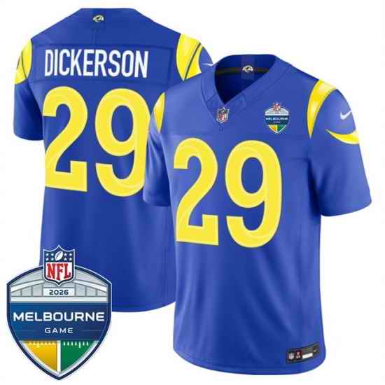 Men Los Angeles Rams 29 Eric Dickerson Royal 2026 F U S E Melbourne Game Patch Vapor Limited Stitched Football Jersey