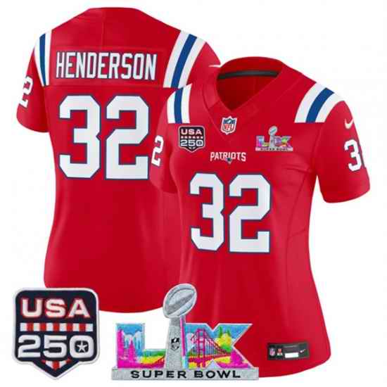 Women New England Patriots 32 TreVeyon Henderson Red 2025 F U S E  Super Bowl LX Patch And USA 250 27 Patch Vapor Limited Football Stitched Jersey