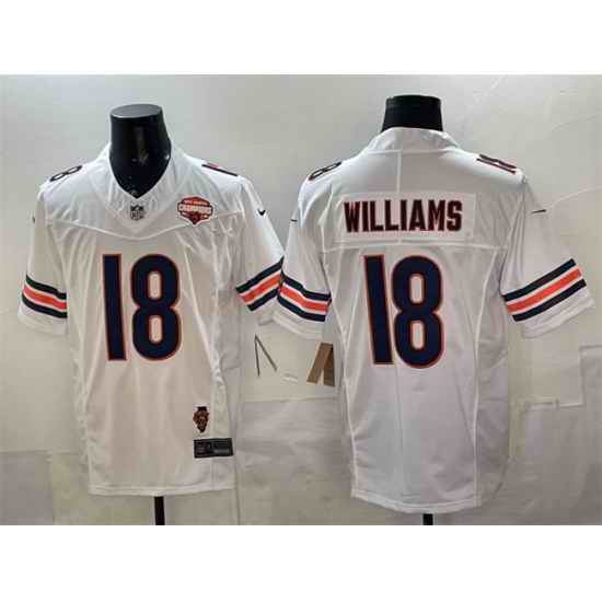 Men Chicago Bears 18 Caleb Williams White F U S E  2025 NFC North Champions  26 Illinois Patch Stitched Football Jersey