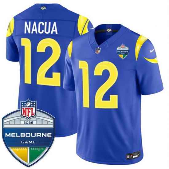 Men Los Angeles Rams 12 Puka Nacua Royal 2026 F U S E Melbourne Game Patch Vapor Limited Stitched Football Jersey
