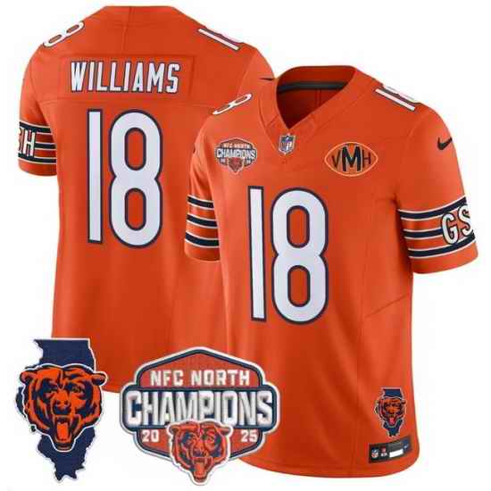 Men Chicago Bears  18 Caleb Williams Orange F U S E  2025 NFC North Champions Patch Limited Stitched Football Jersey