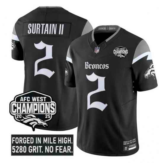 Men Denver Broncos 2 Patrick Surtain II Black F U S E 2025 Afc West Champions Patch  u2018Gothic Mile High Shadows Edition u2019 Vapor Limited Stitched Foo