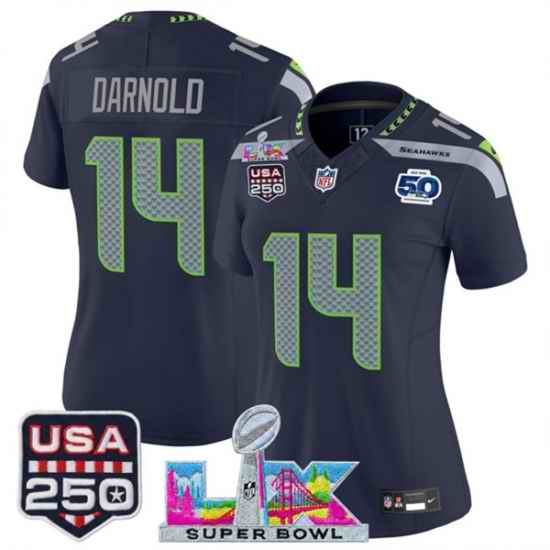 Women Seattle Seahawks 14 Sam Darnold Navy 2025 F U S E  Super Bowl LX Patch And 50th Season  26 USA 250 27 Patch Vapor Limited Football Stitched Jersey