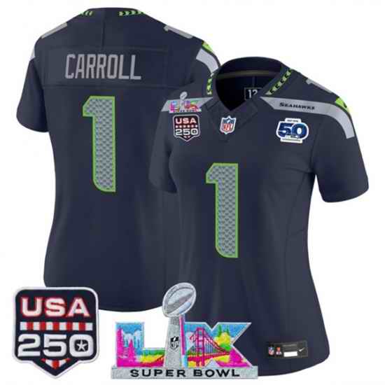 Women Seattle Seahawks 1 Pete Carroll Navy 2025 F U S E  Super Bowl LX Patch And 50th Season  26 USA 250 27 Patch Vapor Limited Football Stitched Jersey