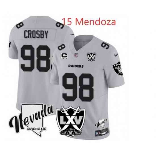 Men Las Vegas Raiders 15 Maxx Crosby Grey 2024 F U S E With Nevada Silver Stat Patch And 65th Anniversary Patch 4 Star C Patch Stitched Football Jersey