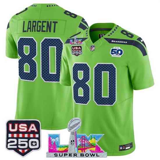 Men Seattle Seahawks 80 Steve Largent Green 2025 F U S E  Super Bowl LX Patch And 50th Season  USA 250 Patch Vapor Limited Football Stitched Jersey