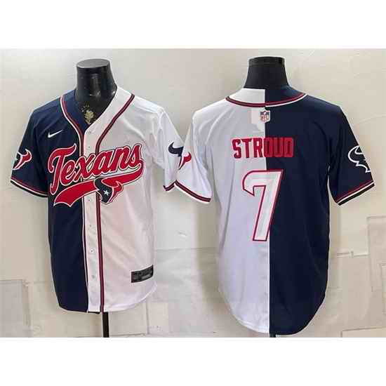 Men Houston Texans  7 C J  Stroud Navy White Split With Patch Cool Base Stitched Baseball Jersey