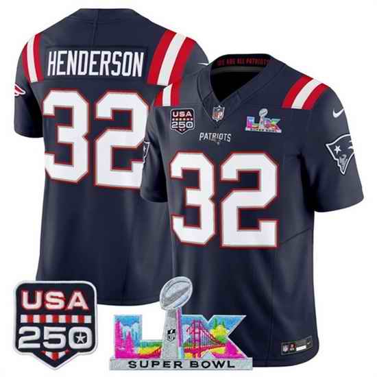 Men New England Patriots 32 TreVeyon Henderson Navy 2025 F U S E  Super Bowl LX Patch And USA 250 27 Patch Vapor Limited Football Stitched Jersey