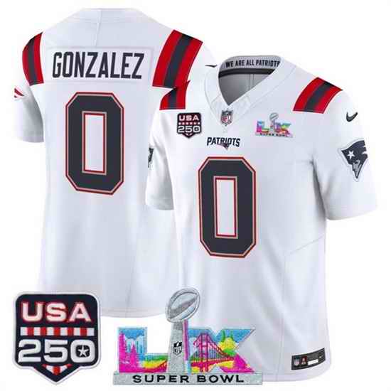 Youth New England Patriots 0 Christian Gonzalez White 2025 F U S E  Super Bowl LX Patch And USA 250 27 Patch Vapor Limited Stitched Football Jersey