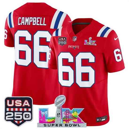 Youth New England Patriots 66 Will Campbell Red 2025 F U S E  Super Bowl LX Patch And USA 250 27 Patch Vapor Limited Stitched Football Jersey