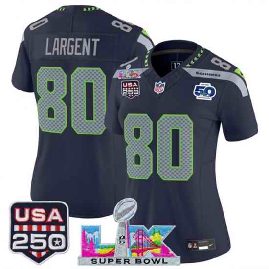 Women Seattle Seahawks 80 Steve Largent Navy 2025 F U S E  Super Bowl LX Patch And 50th Season  26 USA 250 27 Patch Vapor Limited Football Stitched Jersey
