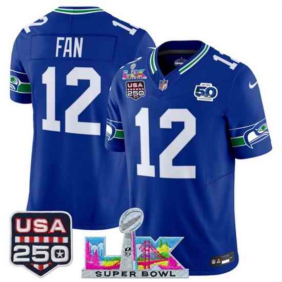 Youth Seattle Seahawks 12 Fan Royal 2025 F U S E  Super Bowl LX Patch And 50th Season  USA 250 Patch Vapor Throwback Limited Stitched Football Jersey
