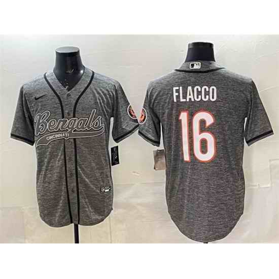 Men Cincinnati Bengals 16 Joe Flacco Grey With Patch Cool Base Stitched Baseball Jersey