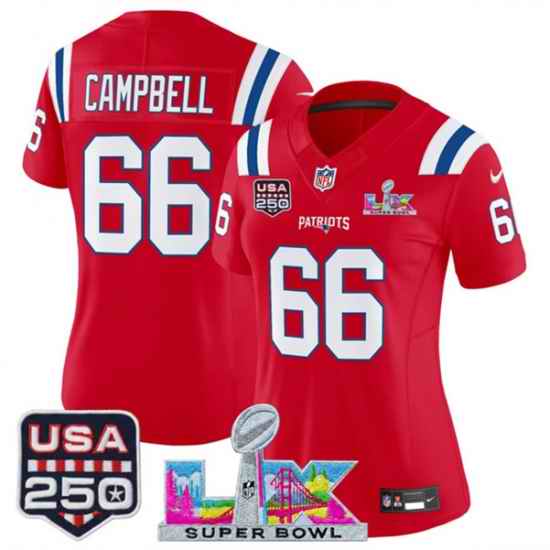 Women New England Patriots 66 Will Campbell Red 2025 F U S E  Super Bowl LX Patch And USA 250 27 Patch Vapor Limited Football Stitched Jersey