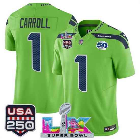 Youth Seattle Seahawks 1 Pete Carroll Green 2025 F U S E  Super Bowl LX Patch And 50th Season  USA 250 Patch Vapor Limited Stitched Football Jersey