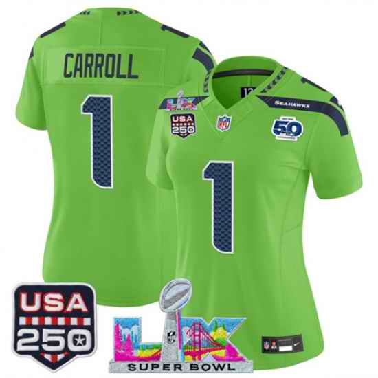 Women Seattle Seahawks 1 Pete Carroll Green 2025 F U S E  Super Bowl LX Patch And 50th Season  26 USA 250 27 Patch Vapor Limited Football Stitched Jersey