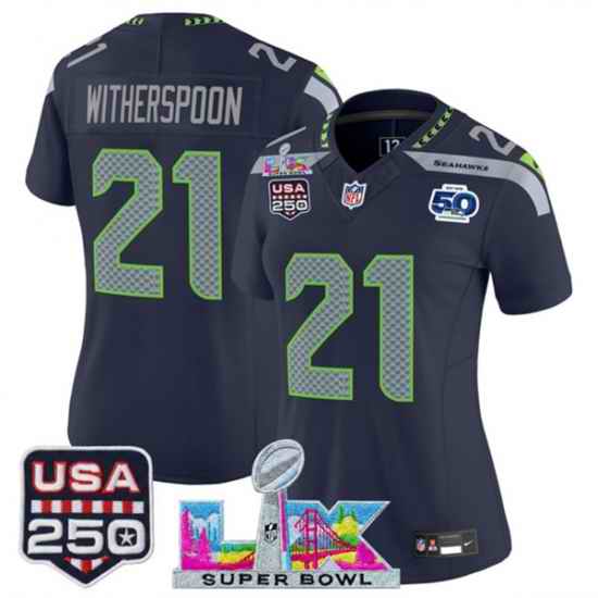 Women Seattle Seahawks 21 Devon Witherspoon Navy 2025 F U S E  Super Bowl LX Patch And 50th Season  26 USA 250 27 Patch Vapor Limited Football Stitched Jer