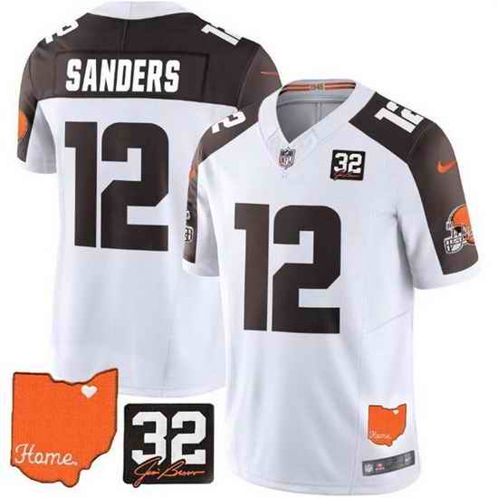 Men Cleveland Browns 12 Shedeur Sanders White Brown 2025 Draft F U S E  With Jim Brown Memorial  26 Home Patch Vapor Limited Stitched Football Jersey