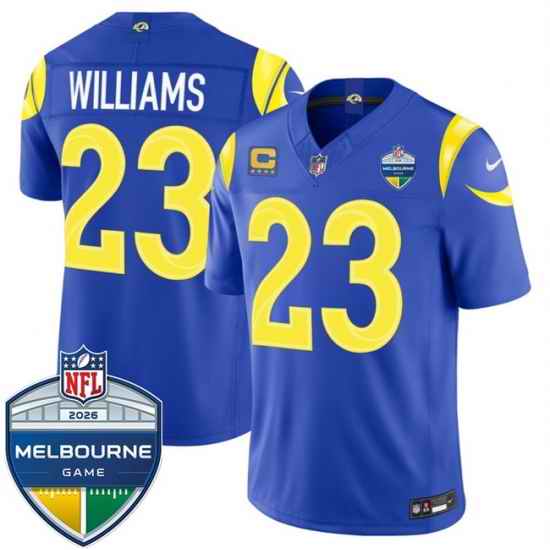 Men Los Angeles Rams Kyren Williams Royal 2026 F U S E 4 Star C Patch And Melbourne Game Patch Vapor Limited Stitched Football Jersey