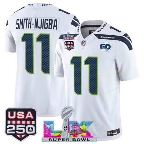 Youth Seattle Seahawks 11 Jaxon Smith Njigba White 2025 F U S E  Super Bowl LX Patch And 50th Season  USA 250 Patch Vapor Limited Stitched Football Jersey