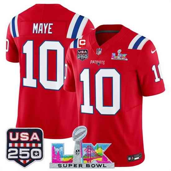 Youth New England Patriots 10 Drake Maye Red 2025 F U S E  1 Star C Patch And Super Bowl LX Patch  USA 250 Patch Vapor Limited Stitched Football Jersey