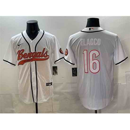 Men Cincinnati Bengals 16 Joe Flacco White With Patch Cool Base Stitched Baseball Jersey
