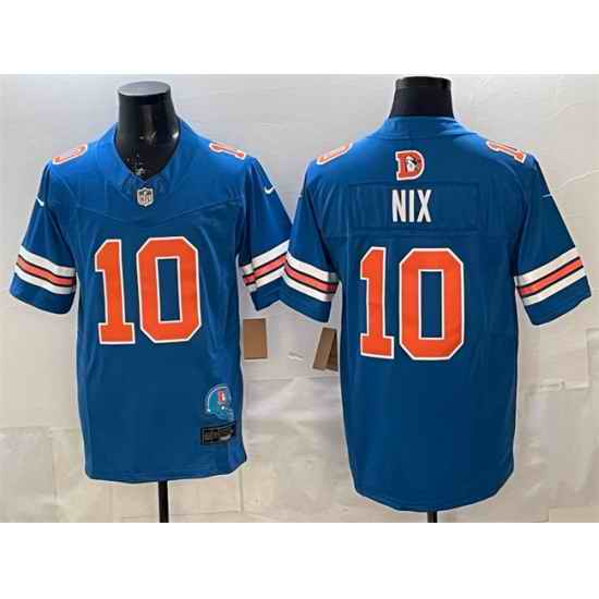 Men Denver Broncos 10 Bo Nix Blue F U S E  With Patch Throwback Vapor Limited Stitched Football Jersey