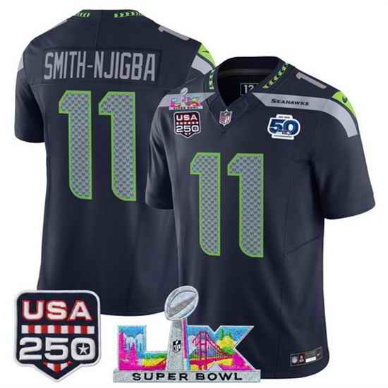 Men Seattle Seahawks 11 Jaxon Smith Njigba Navy 2025 F U S E  Super Bowl LX Patch And 50th Season  USA 250 Patch Vapor Limited Football Stitched Jersey