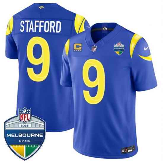 Men Los Angeles Rams 9 Matthew Stafford Royal 2026 F U S E 4 Star C Patch And Melbourne Game Patch Vapor Limited Stitched Football Jersey