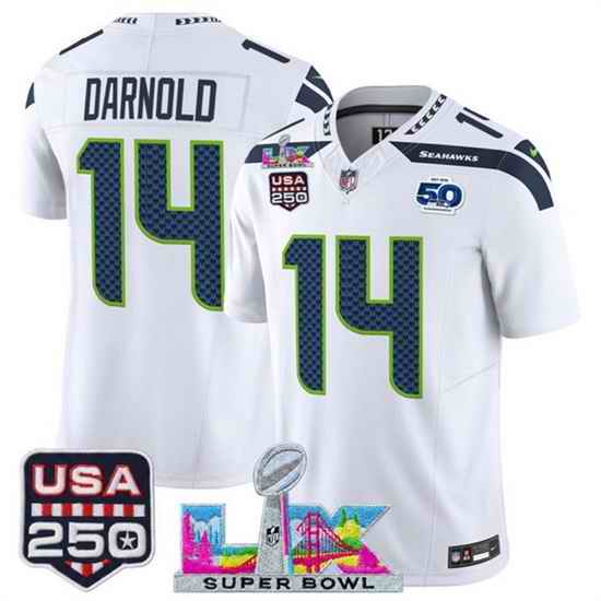 Youth Seattle Seahawks 14 Sam Darnold White 2025 F U S E  Super Bowl LX Patch And 50th Season  USA 250 Patch Vapor Limited Stitched Football Jersey