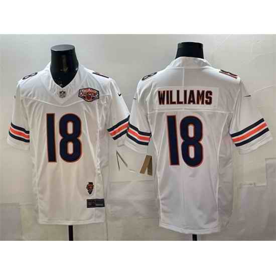 Men Chicago Bears 18 Caleb Williams White F U S E  2025 NFC North Division Champions  26 Illinois Patch Stitched Football Jersey