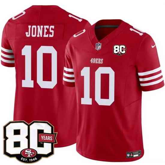 Men San Francisco 49ers  10 Mac Jones Red 80th Anniversary Patch 2026 F U S E  Vapor Untouchabl2026 F U S E  Vapor Untouchable Limited Stitched Football Je