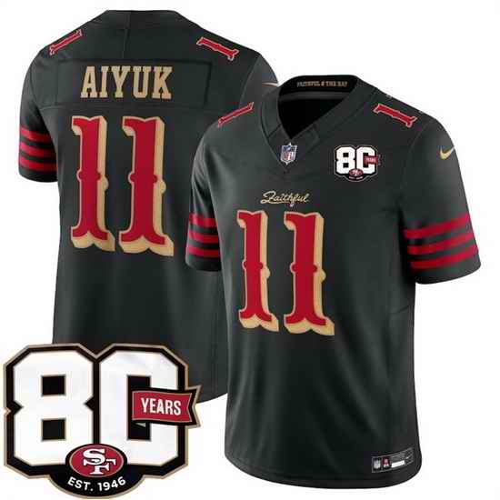Men San Francisco 49ers  11 Brandon Aiyuk Black 80th Anniversary Patch  Rivalries  2026 F U S E  Vapor Untouchabl Limited Stitched Football Jersey
