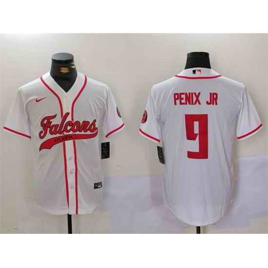 Men Atlanta Falcons  9 Michael Penix Jr  White With Patch Cool Base Stitched Baseball Jersey