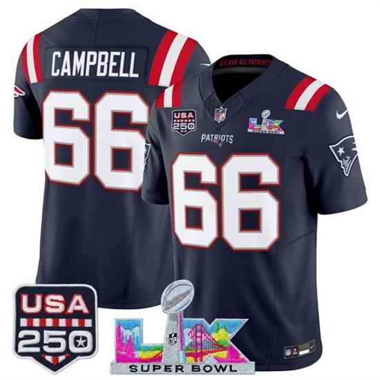 Youth New England Patriots 66 Will Campbell Navy 2025 F U S E  Super Bowl LX Patch And USA 250 27 Patch Vapor Limited Stitched Football Jersey