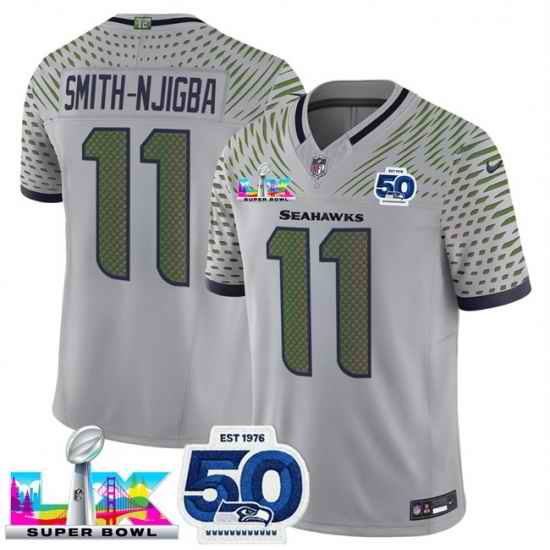 Men Seattle Seahawks 11 Jaxon Smith Njigba Grey 2025 F U S E  Super Bowl LX Patch And 50th Season Patch  Rivalries Vapor Limited Stitched Football Jersey