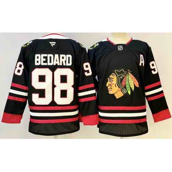 Men Chicago Blackhawks 98 Connor Bedard Black With A Patch Stitched Hockey Jersey