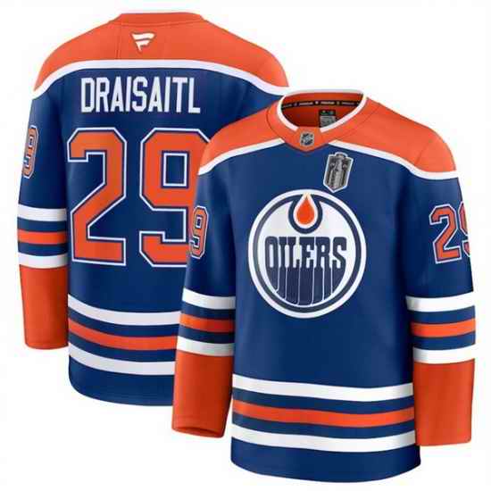 Men Edmonton Oilers 29 Leon Draisaitl Royal 2025 Stanley Cup Final Patch Stitched Hockey Jersey
