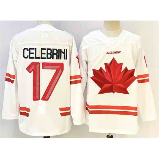 Men Canada Hockey 17 Macklin Celebrini White Stitched Jersey